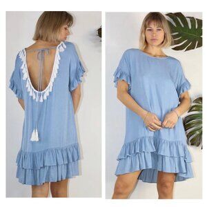 Mulla Fringe Tunic Dress Womens Large Blue Tassel Scoopback Tiered Hem Bohemian
